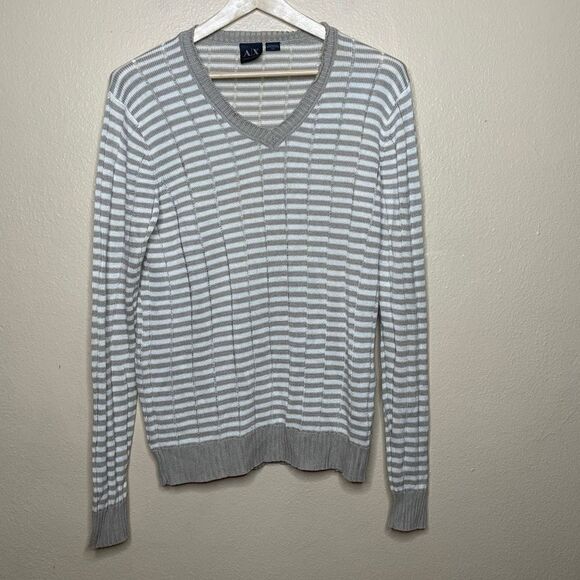 Armani Exchange Sweater Mens Medium Striped V neck Cotton Bland Casual - Picture 1 of 7